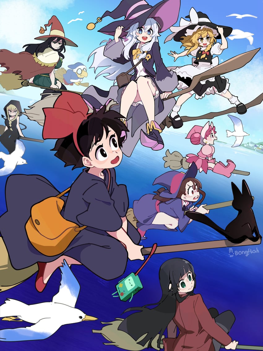 kirisame marisa, kagari atsuko, elaina, kiki, jiji, and 6 more (touhou and 9 more) drawn by bongfill