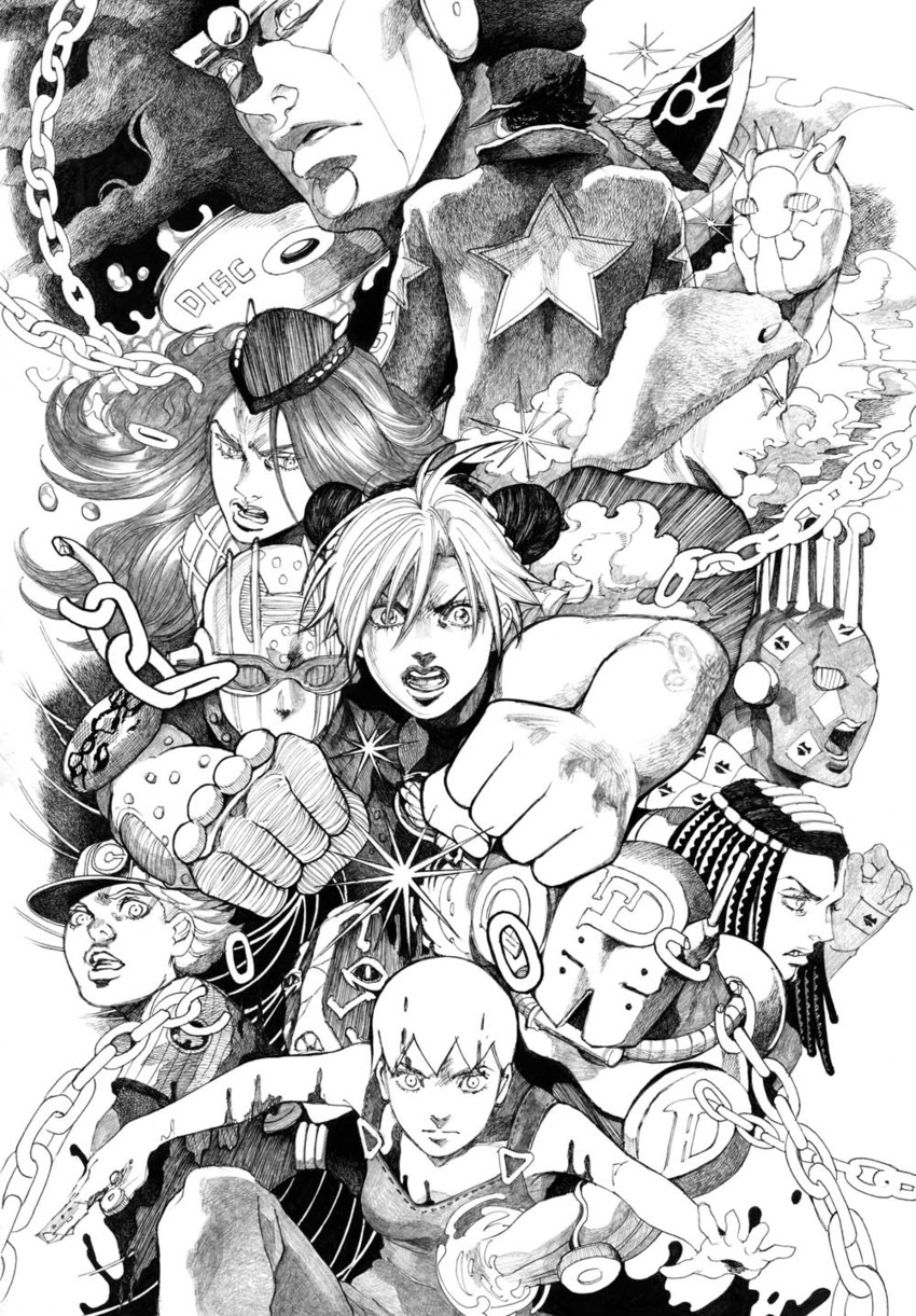 kujo jotaro, kujo jolyne, star platinum, narciso anasui, foo fighters, and 6 more (jojo no kimyou na bouken and 1 more) drawn by bud_(korovsme)
