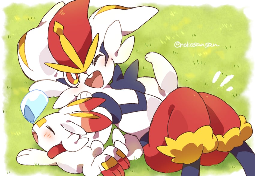 scorbunny and cinderace (pokemon) drawn by roku_(rokkrn)