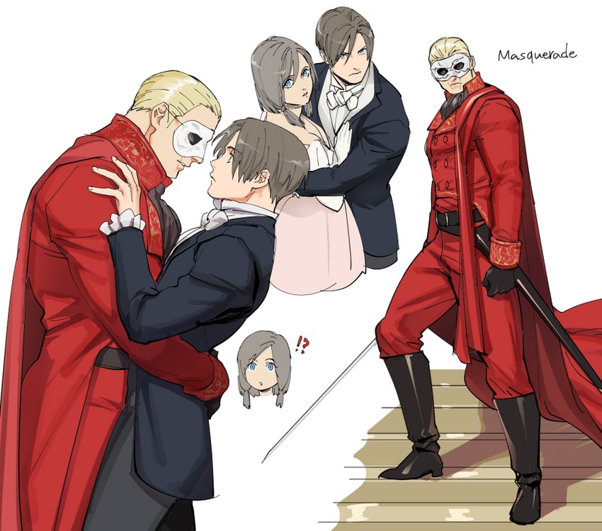 leon s. kennedy, jack krauser, erik, christine daae, manuela hidalgo, and 1 more (resident evil and 2 more) drawn by tatsumi_(psmhbpiuczn)