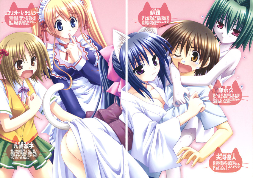 noihara himari, shizuku, lizlett l. chelsie, kuzaki rinko, and amakawa yuuto (omamori himari) drawn by matra_milan