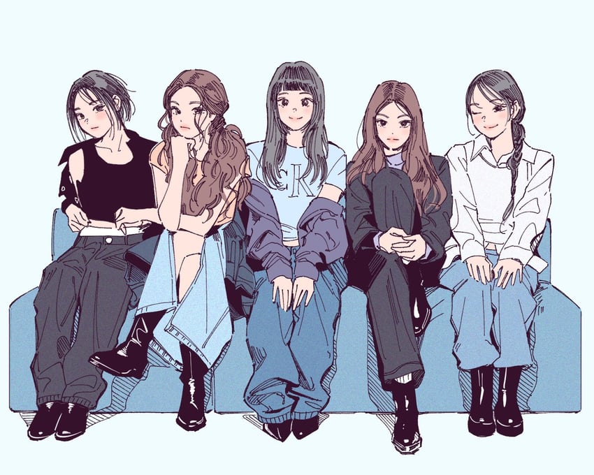 haerin, hanni, minji, hyein, and danielle (real life and 1 more) drawn by polo_tokki