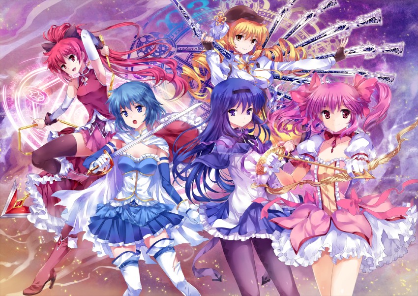 akemi homura, kaname madoka, miki sayaka, sakura kyoko, and tomoe mami (mahou shoujo madoka magica) drawn by pico_(picollector79)
