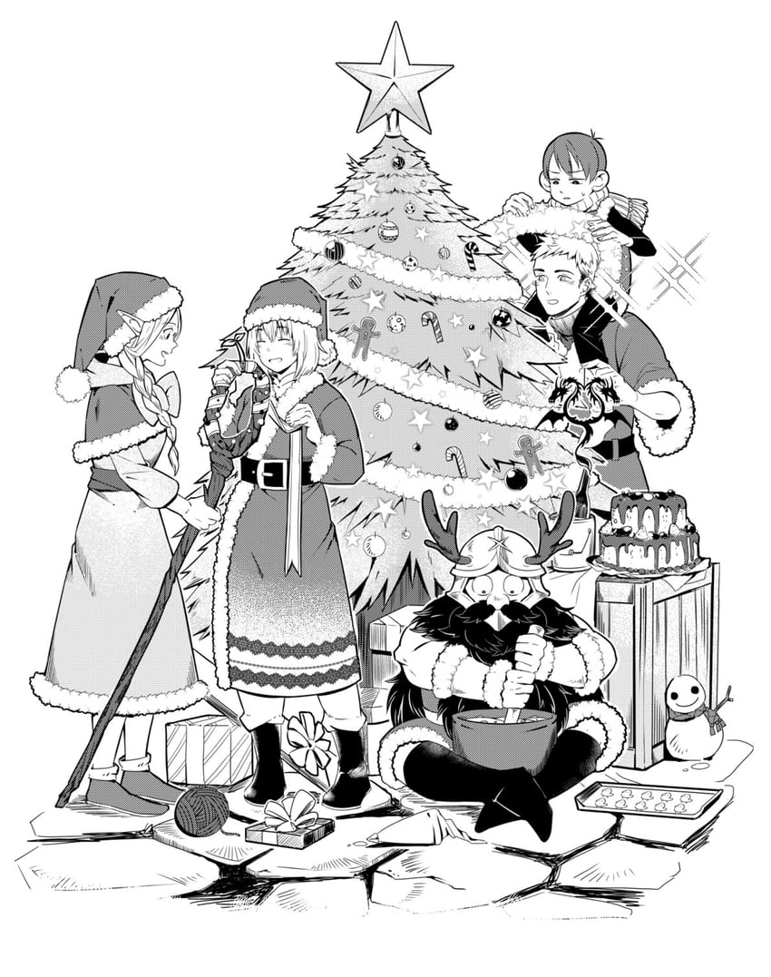 marcille donato, falin touden, laios touden, senshi, and chilchuck tims (dungeon meshi) drawn by r.n