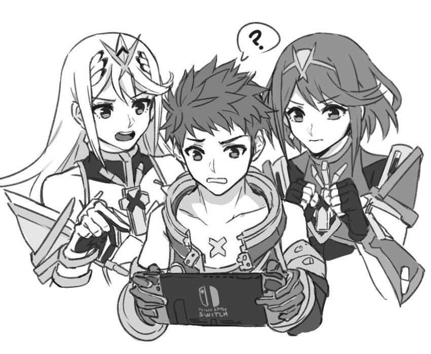 pyra, mythra, and rex (xenoblade chronicles and 1 more) drawn by kamu_(kamuuei)