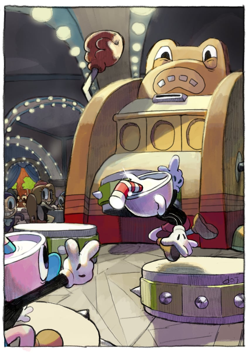 cuphead, mugman, ribby, and croaks (cuphead) drawn by doi_m2000