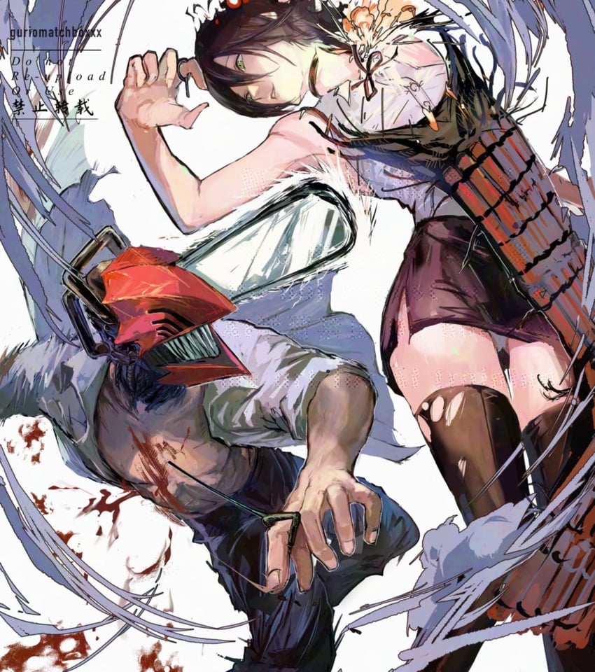 denji and reze (chainsaw man) drawn by guri_otoko