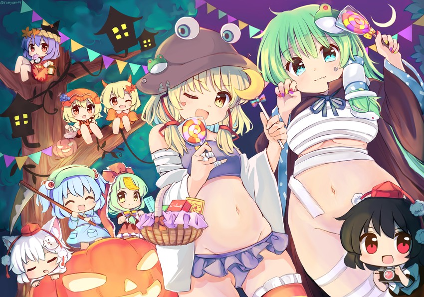 kochiya sanae, shameimaru aya, inubashiri momiji, moriya suwako, kawashiro nitori, and 4 more (touhou) drawn by ramudia_(lamyun)