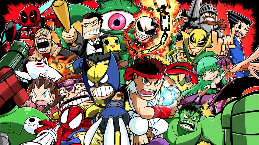 morrigan aensland, ryu, wolverine, deadpool, spider-man, and 13 more (street fighter and 15 more) drawn by rariatto_(ganguri)