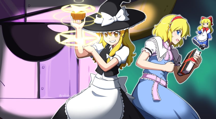 kirisame marisa, alice margatroid, patchouli knowledge, and shanghai doll (touhou and 1 more) drawn by rakkidei