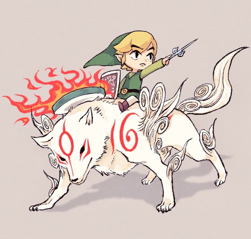 link, toon link, and amaterasu (the legend of zelda and 2 more) drawn by gari_osushi
