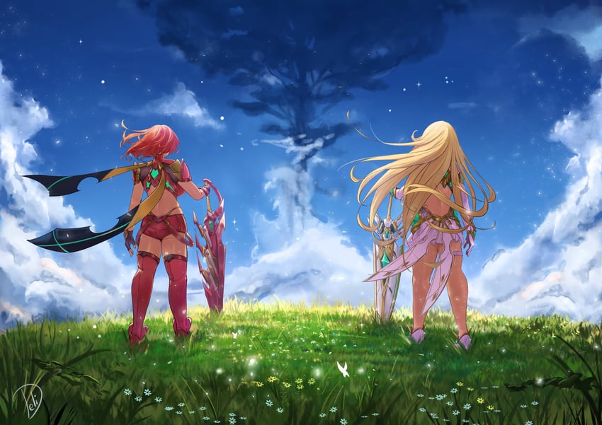 pyra and mythra (xenoblade chronicles and 1 more) drawn by deliciousbrain