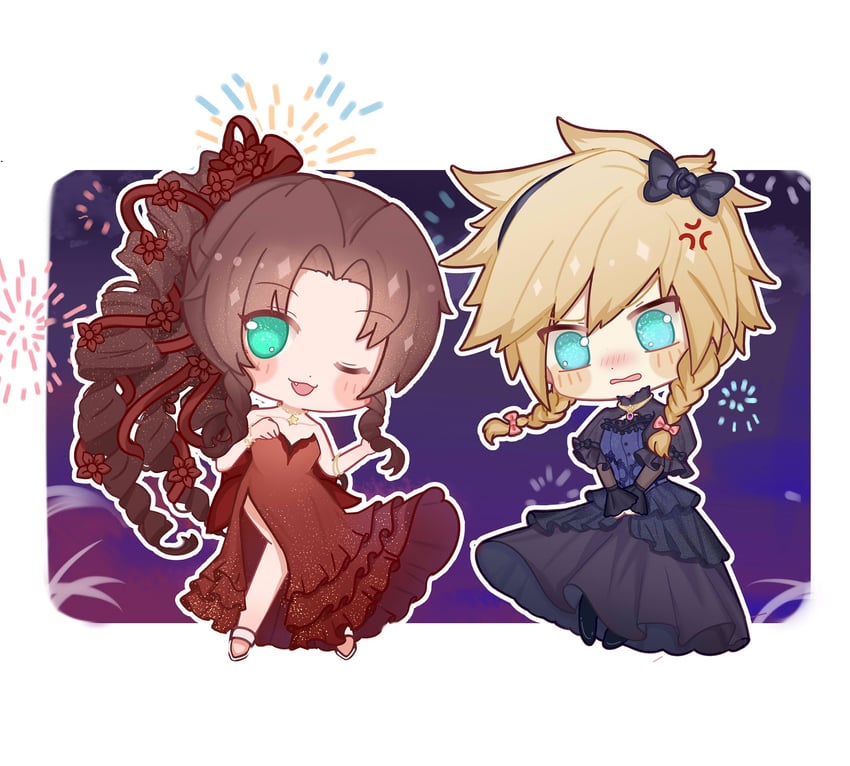 cloud strife and aerith gainsborough (final fantasy and 2 more) drawn by zhou_free