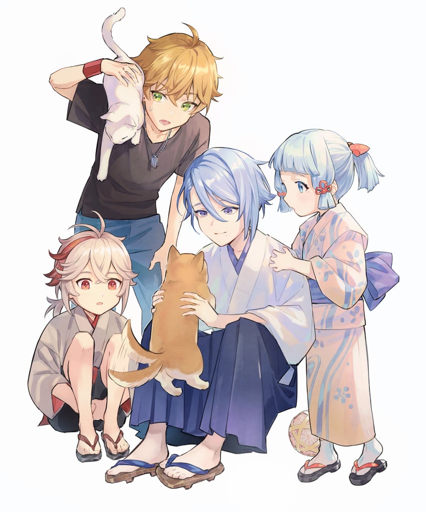 kamisato ayaka, kaedehara kazuha, kamisato ayato, and thoma (genshin impact) drawn by timukai