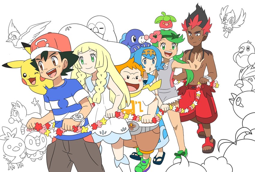 lillie, ash ketchum, rowlet, lana, mallow, and 3 more (pokemon and 1 more) drawn by kairi_(ayuara)