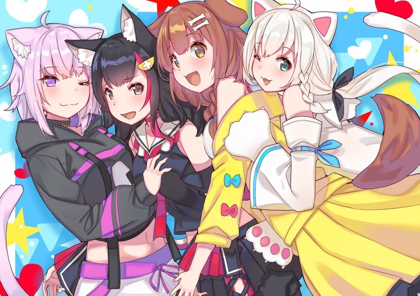 shirakami fubuki, nekomata okayu, ookami mio, and inugami korone (hololive) drawn by tonarikeru