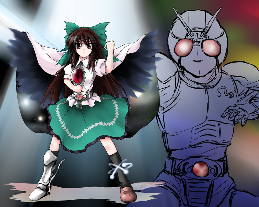reiuji utsuho, kamen rider black rx, and biorider (touhou and 2 more) drawn by kazami_shirou_(kaizou-zumi)