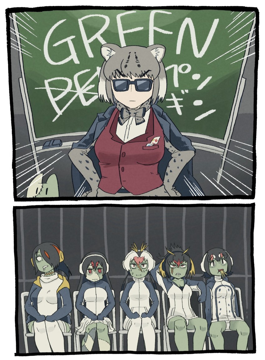 lucky beast, emperor penguin, humboldt penguin, royal penguin, rockhopper penguin, and 3 more (kemono friends and 1 more) drawn by myanmar_(tenrai_ha)