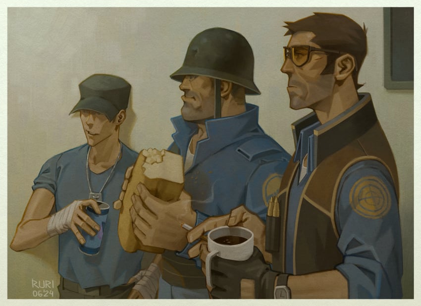 scout, soldier, sniper, blu scout, blu soldier, and 1 more (team fortress 2) drawn by adachi_ruri