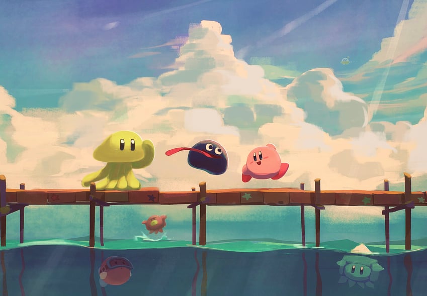 kirby, gooey, blipper, jobski, squishy, and 2 more (kirby and 1 more) drawn by suyasuyabi