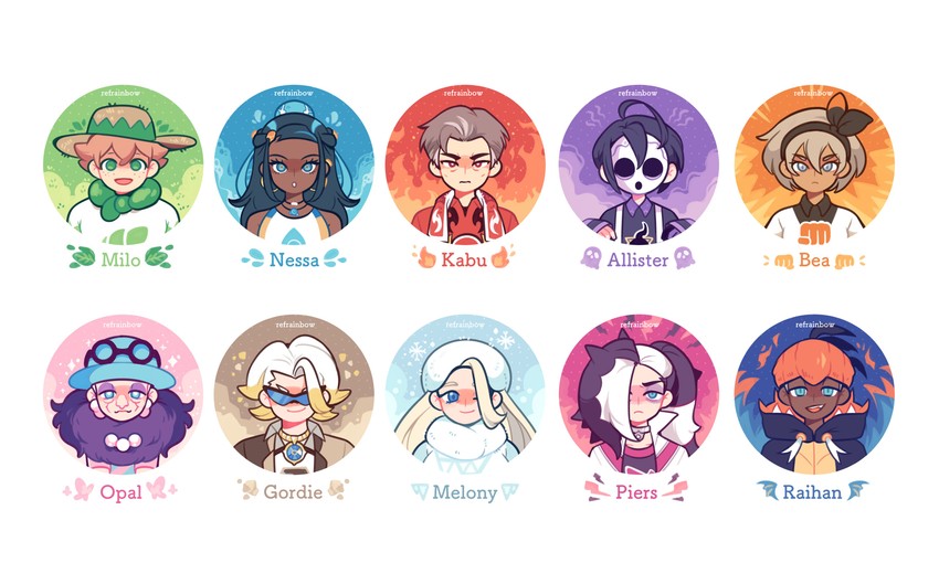 raihan, nessa, bea, piers, allister, and 5 more (pokemon and 1 more) drawn by refrainbow