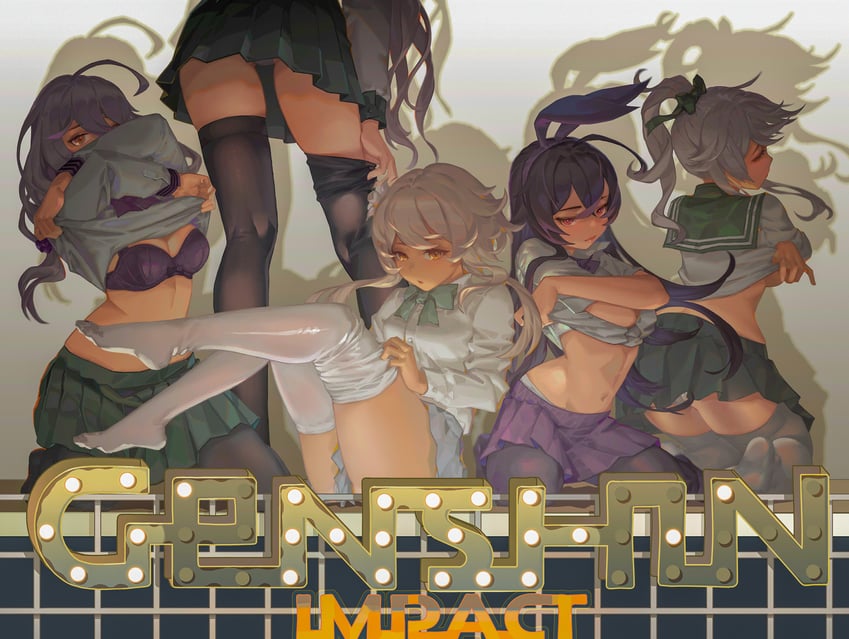 lumine, keqing, kamisato ayaka, amber, and lisa (genshin impact) drawn by rui_(gsr1982)