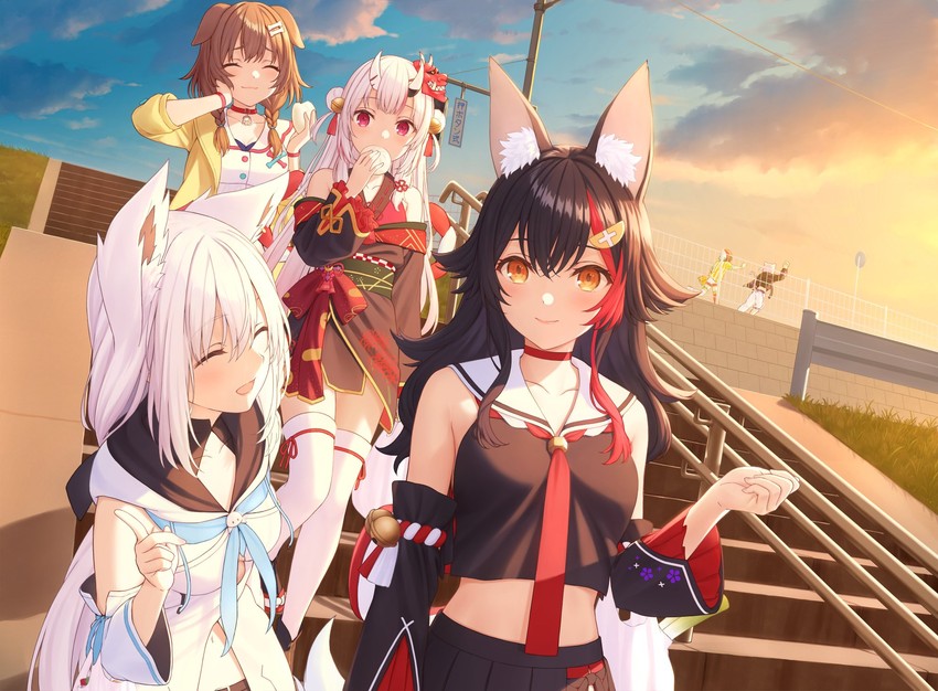 shirakami fubuki, nekomata okayu, ookami mio, oozora subaru, inugami korone, and 1 more (hololive) drawn by nananichi