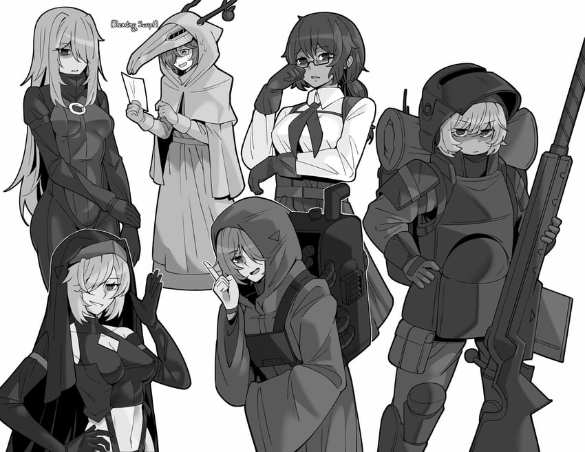 atla, noel, kyrie, chole, esqa, and 1 more (the citadel and 1 more) drawn by velkavelkavelka