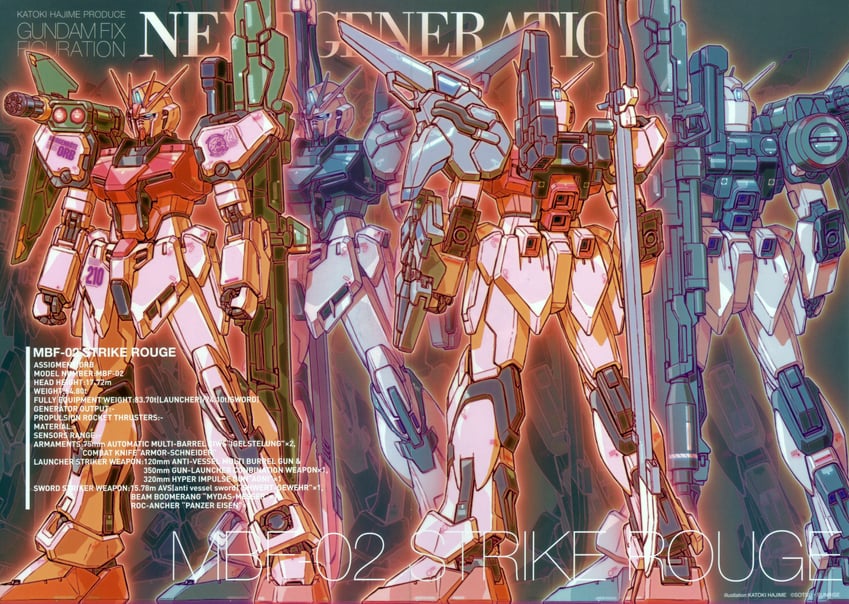strike rouge, sword strike rouge, and launcher strike rouge (gundam and 1 more) drawn by katoki_hajime