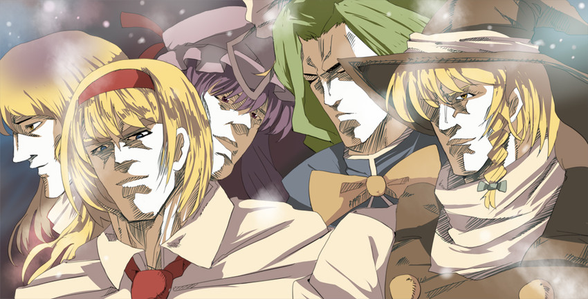 kirisame marisa, alice margatroid, patchouli knowledge, hijiri byakuren, and mima (touhou and 1 more) drawn by mieharu
