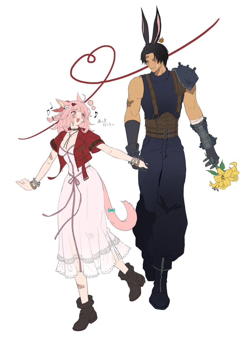 warrior of light, cloud strife, aerith gainsborough, and bomb (original and 4 more) drawn by kaka_ff14