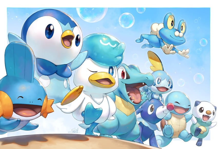 piplup, oshawott, squirtle, sobble, popplio, and 4 more (pokemon) drawn by kemonomichi_(blue_black)