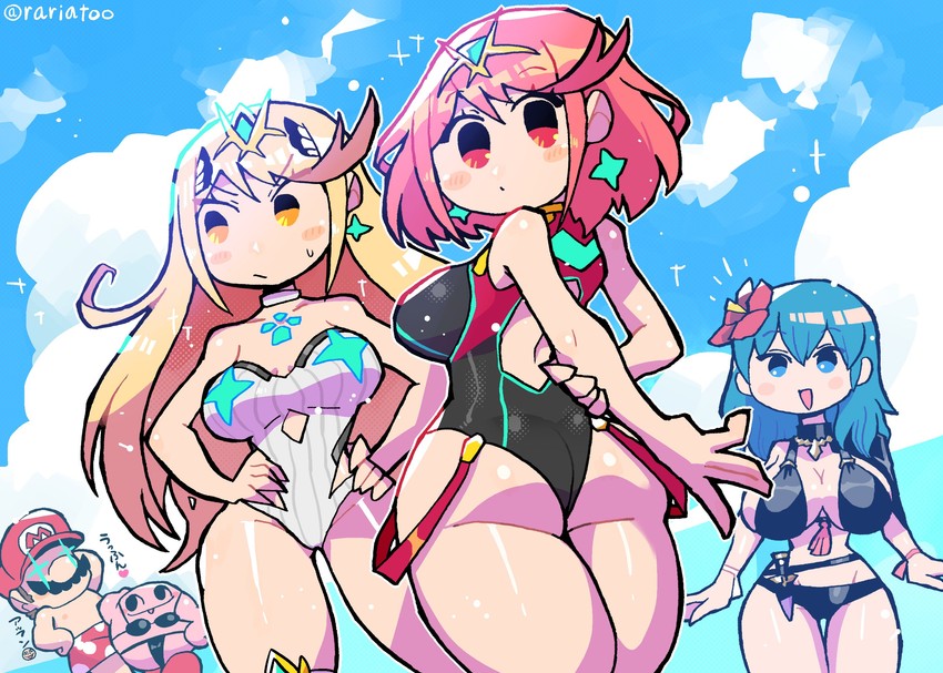 kirby, female byleth, mario, pyra, and mythra (fire emblem and 8 more) drawn by rariatto_(ganguri)