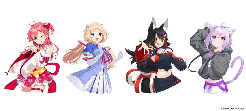 nekomata okayu, sakura miko, ookami mio, and aki rosenthal (hololive) drawn by borumete