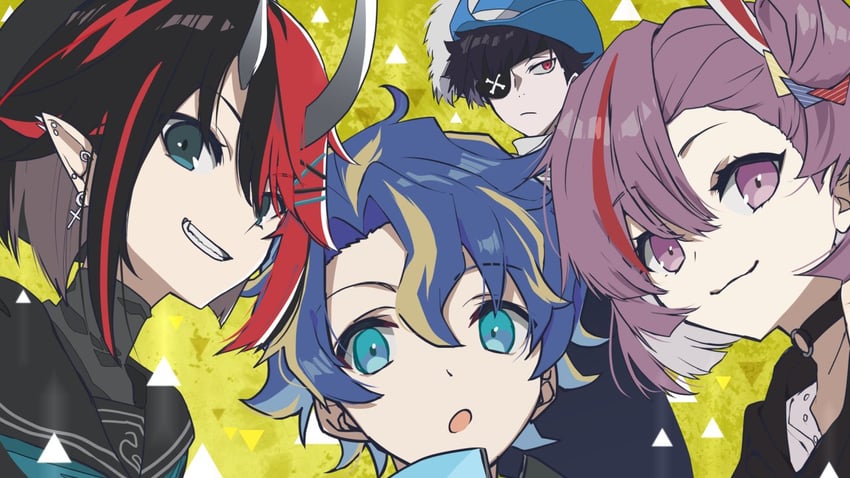 ryugasaki rene, astel leda, tenjin kotone, and mondo (nanashi inc. and 4 more) drawn by mudo_(saji)