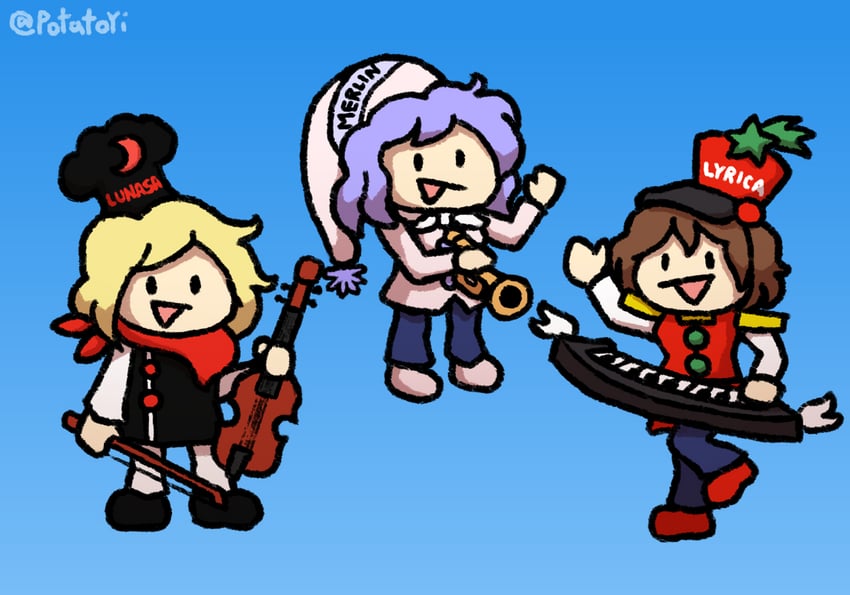 lunasa prismriver, merlin prismriver, lyrica prismriver, crackle, pop, and 1 more (touhou and 2 more) drawn by potatoyi