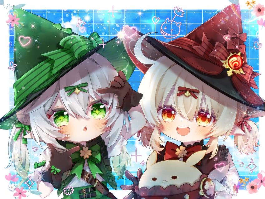 nahida, jumpy dumpty, and klee (genshin impact) drawn by taro_(taro_30)