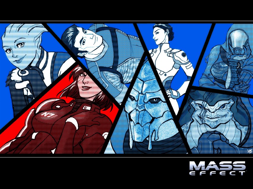 commander shepard, tali'zorah, liara t'soni, garrus vakarian, urdnot wrex, and 2 more (mass effect and 1 more) drawn by aimo