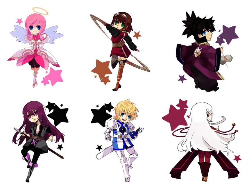 yuri lowell, estellise sidos heurassein, rita mordio, raven, flynn scifo, and 1 more (tales of and 1 more) drawn by yunaru