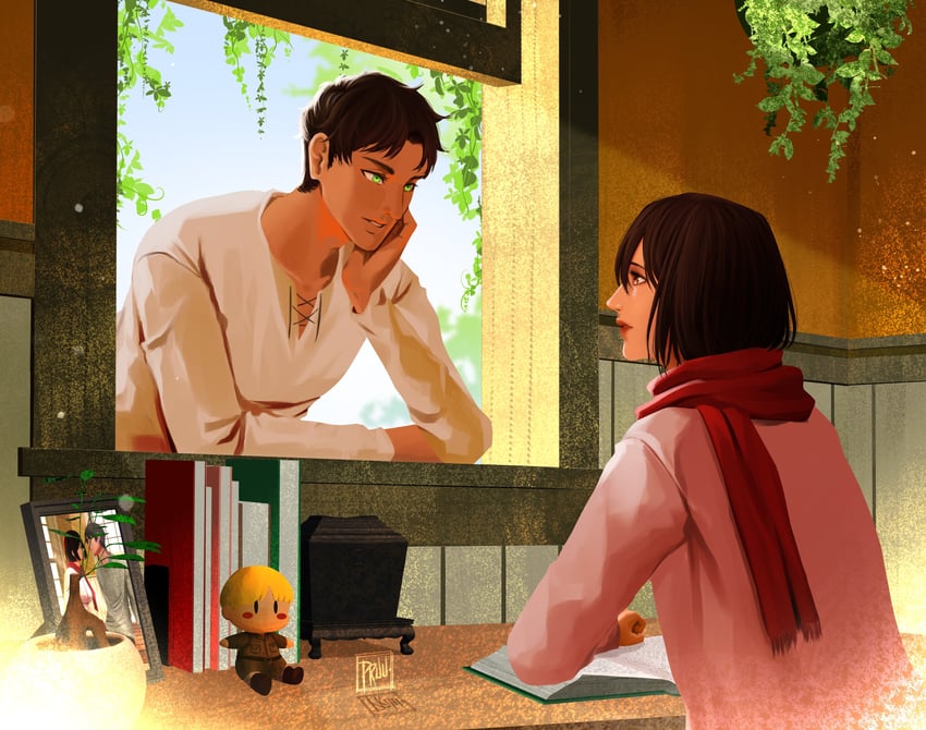 mikasa ackerman, eren yeager, and armin arlert (shingeki no kyojin) drawn by pruu_art