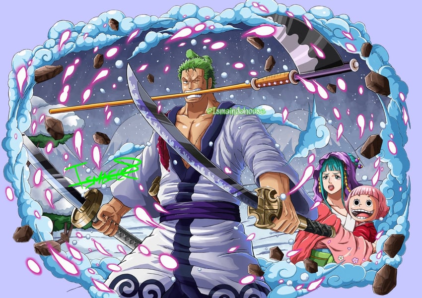 roronoa zoro, kouzuki hiyori, and toko (one piece) drawn by ismaindahouse