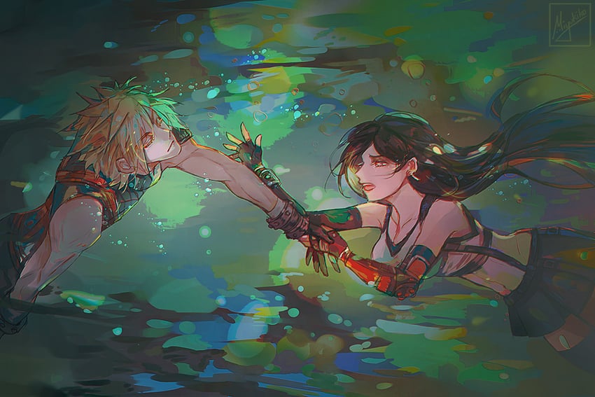 tifa lockhart and cloud strife (final fantasy and 2 more) drawn by miyukiko