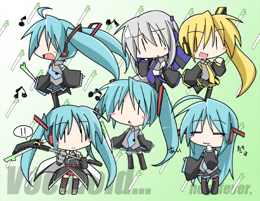 hatsune miku, fate testarossa, izumi konata, yowane haku, akita neru, and 2 more (vocaloid and 3 more) drawn by bibi02