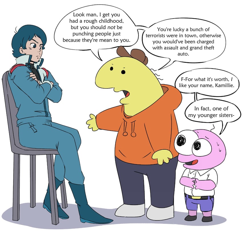 kamille bidan, charlie dompler, and pim pimling (gundam and 2 more) drawn by theupbringer