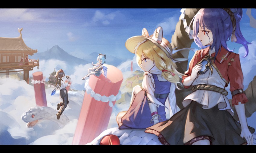 cirno, shameimaru aya, moriya suwako, yasaka kanako, aki minoriko, and 3 more (touhou) drawn by tlobtr