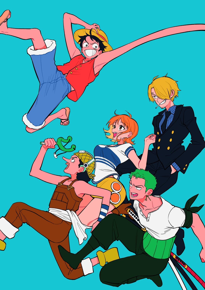 nami, monkey d. luffy, roronoa zoro, sanji, and usopp (one piece) drawn by a_dzu_(hnm_knm_04)