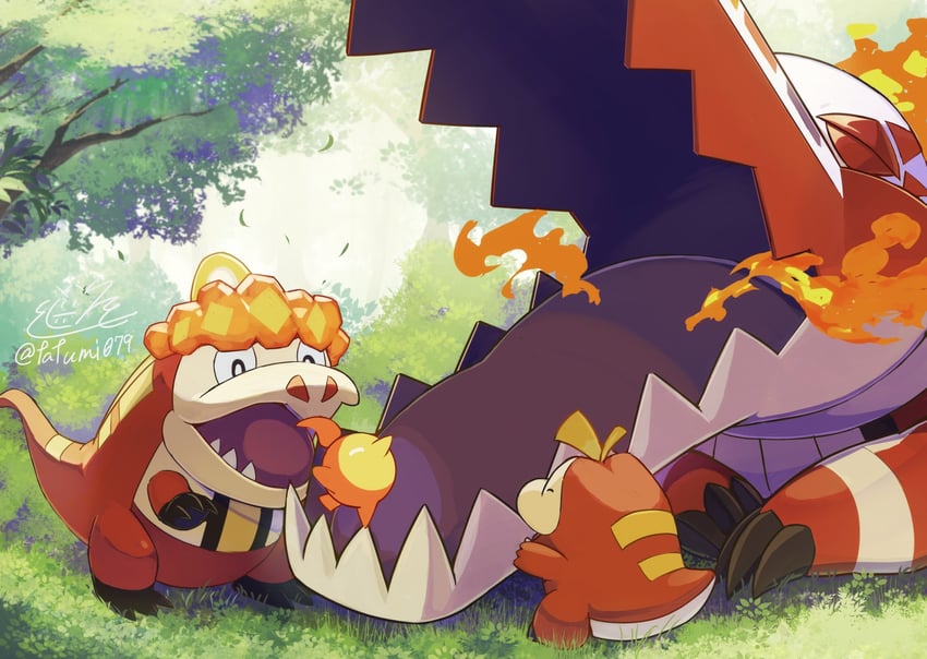fuecoco, skeledirge, fire bird, and crocalor (pokemon) drawn by tatsumi_(panneko)