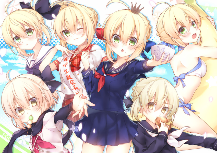 artoria pendragon, saber, nero claudius, okita souji, saber alter, and 3 more (fate and 6 more) drawn by chihiro_(khorosho)