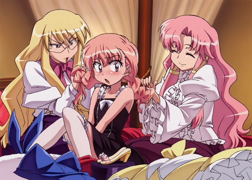 louise francoise le blanc de la valliere, cattleya yvette la baume le blanc de la fontaine, and eleanor albertine le blanc de la blois de la valliere (zero no tsukaima) drawn by fujii_masahiro
