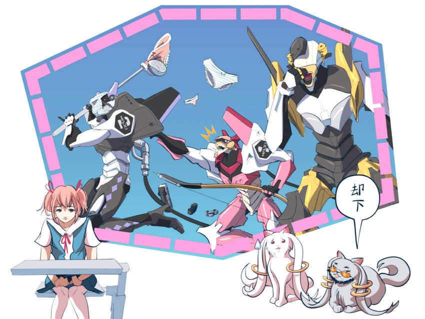 akemi homura, kaname madoka, tomoe mami, kyubey, eva 02, and 3 more (mahou shoujo madoka magica and 1 more) drawn by hy136